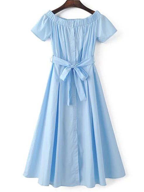 Romwe Blue Off The Shoulder Pleated Dress With Sashes