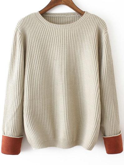 Romwe Contrast Cuffed Apricot Sweater