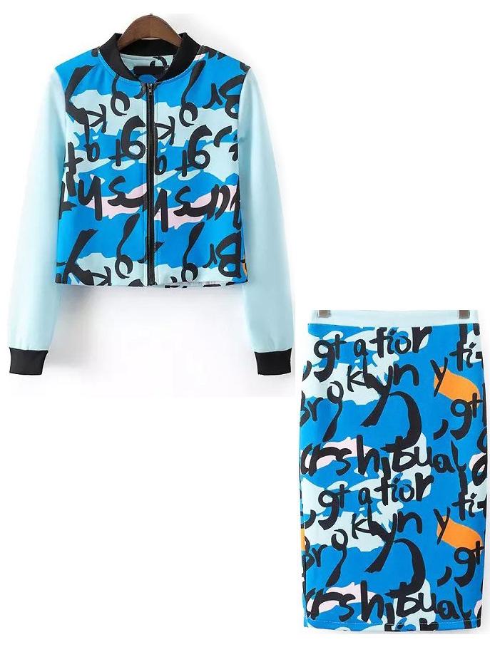 Romwe Contrast Collar Letter Print Top With Bodycon Skirt