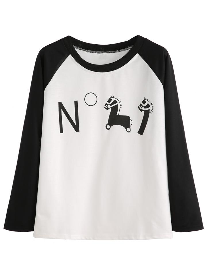 Romwe Black White Cartoon Print Slogan T-shirt