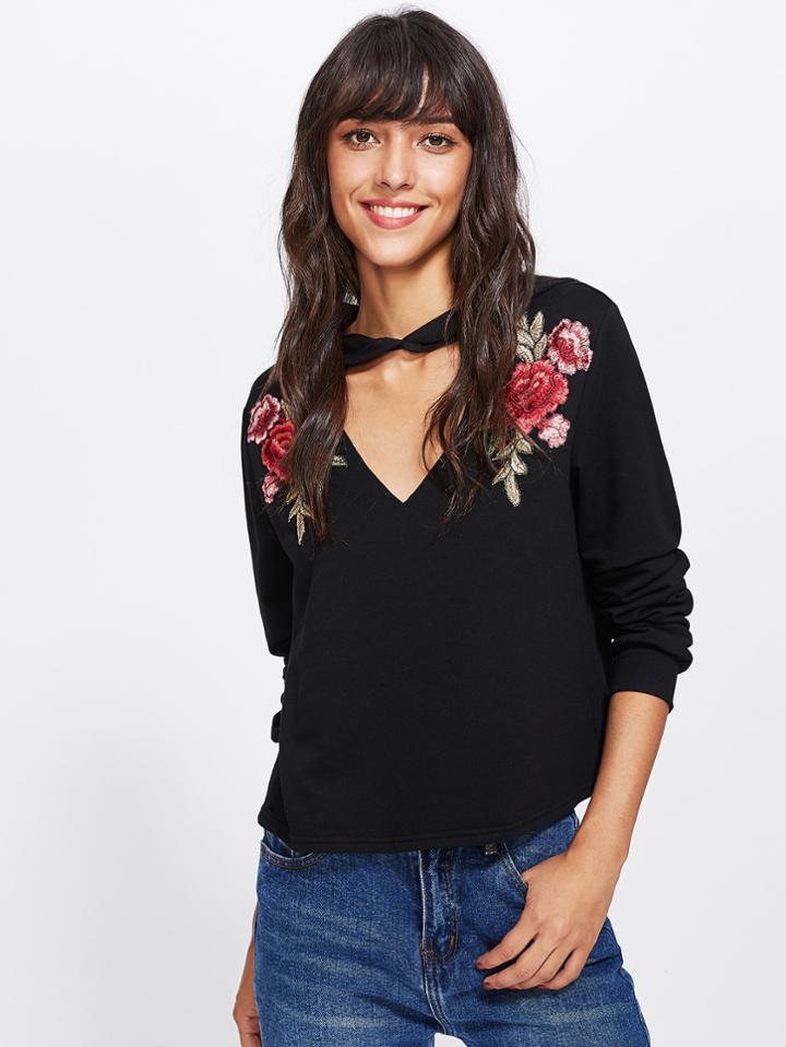 Romwe Rose Patch V-cutout Hoodie