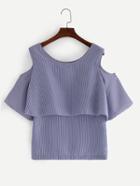 Romwe Open Shoulder Layered Vertical Striped Top - Blue