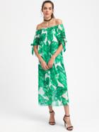 Romwe Palm Leaf Print Tie Cuff Bardot Dress