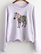 Romwe Purple Zebra Print Scalloped Hem Sweatshirt