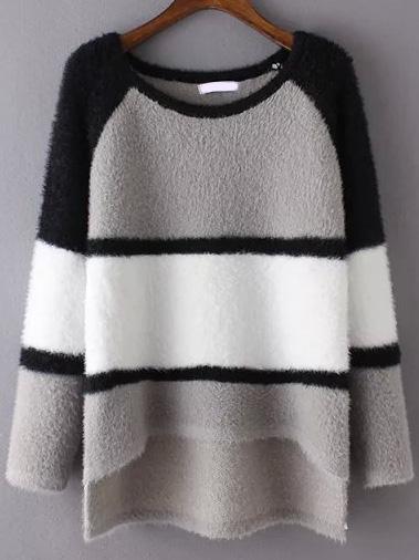 Romwe Colour-block Dip Hem Sweater
