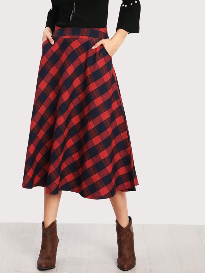Romwe Tartan Plaid Circle Skirt