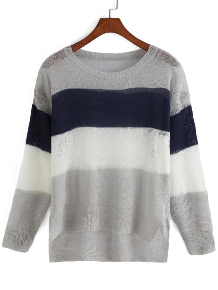 Romwe Dip Hem Striped Knit Sweater