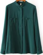Romwe Stand Collar Pockets Green Blouse