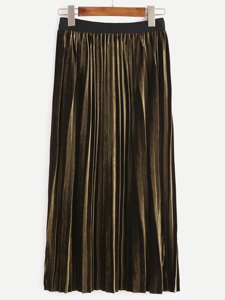 Romwe Army Green Contrast Trim Pleated Velvet Skirt