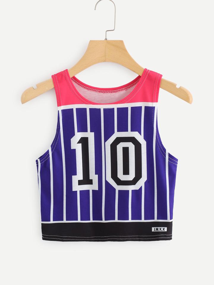 Romwe Vertical Stripe Number Print Tank Top