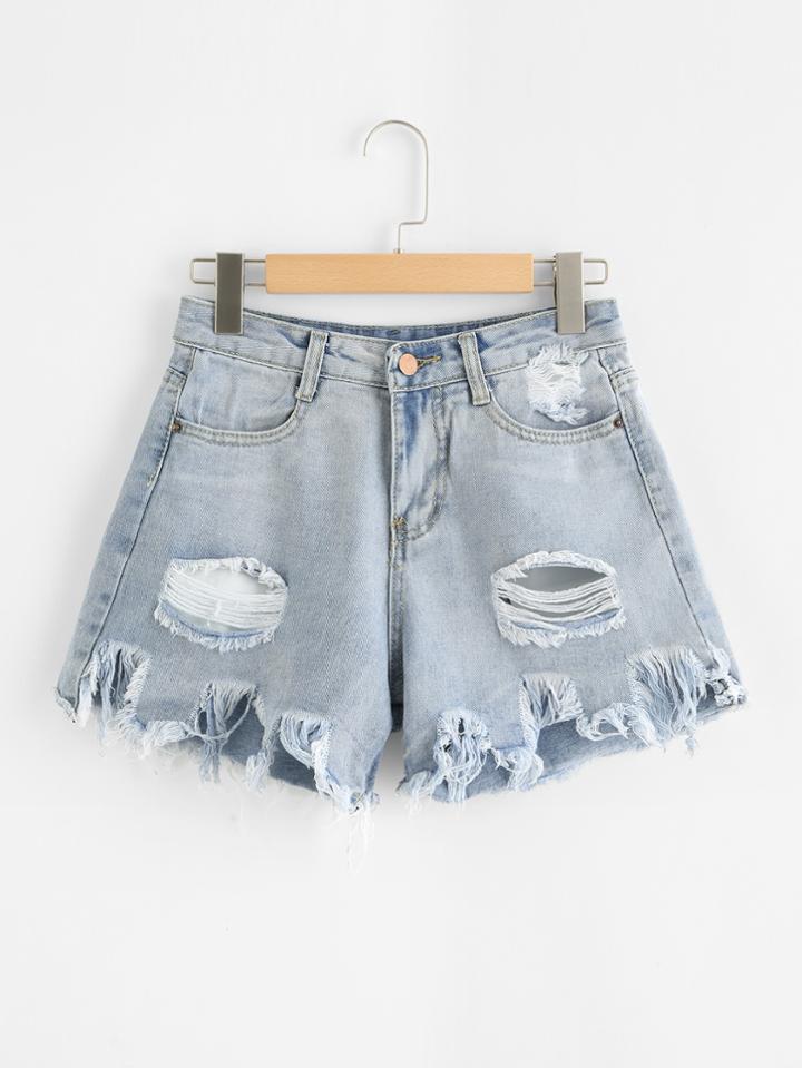 Romwe Bleach Wash Raw Hem Ripped Denim Shorts