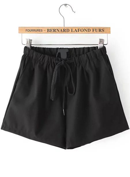 Romwe Drawstring Slim Black Shorts