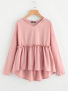 Romwe Frilled Dip Hem Smock Hoodie Tee