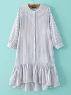 Romwe Grey Stripe Buttons Front Ruffle Hem Dress