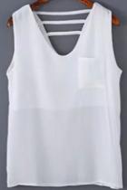 Romwe V Neck With Pocket Hollow White Tank Top