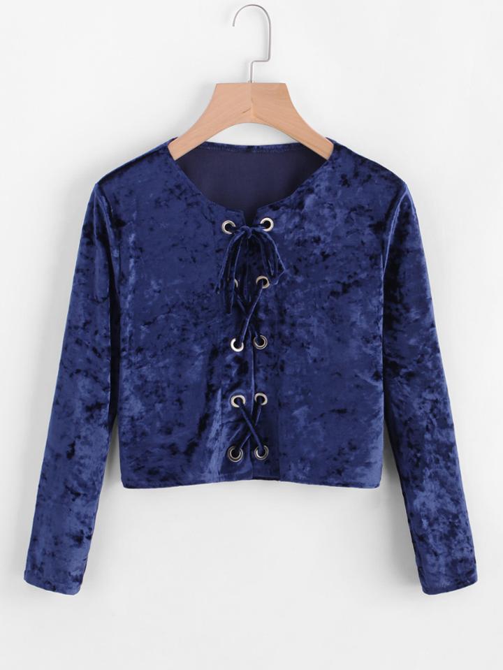 Romwe Eyelet Lace Up Front Velvet Tee