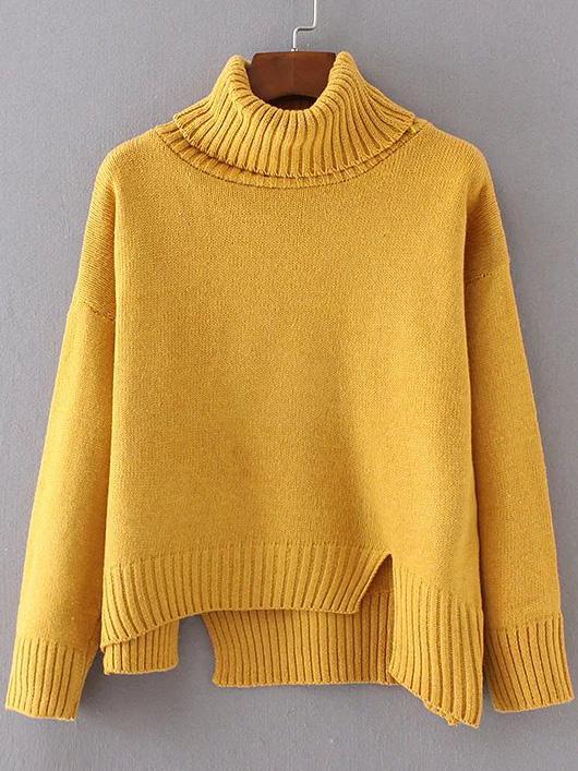 Romwe Yellow Ribbed Trim Turtleneck Asymmetrical Sweater