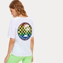 Romwe Slogan & Checkerboard Print Tee