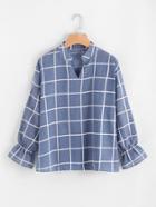 Romwe V Cut Neck Checked Ruffle Cuff Top