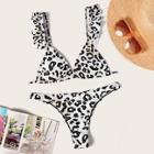 Romwe Ruffle Strap Triangle Top With Leopard Bikini Set