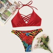 Romwe Lattice Halter Top With Random Tropical Bikini Set
