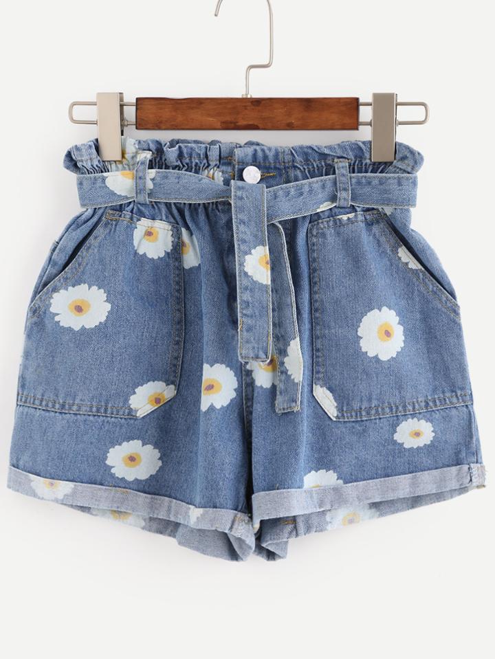 Romwe Blue Daisy Print Ruffle Waist Self Tie Denim Shorts