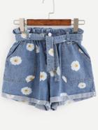 Romwe Blue Daisy Print Ruffle Waist Self Tie Denim Shorts