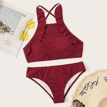Romwe Frill Trim Criss-cross Tie Back Bikini Set