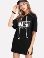 Romwe Letter Print Drop Shoulder Hooded Tee Dress