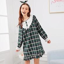 Romwe Ruffle Hem Plaid Night Dress With Hairband