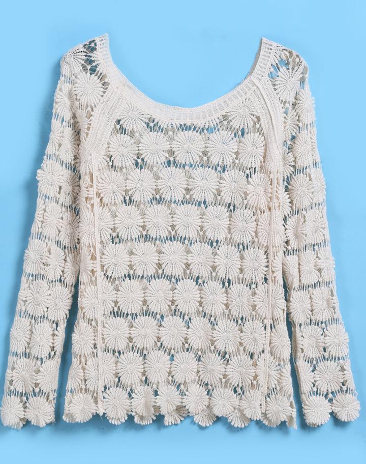 Romwe Long Sleeve Floral Crochet Hollow Apricot Blouse