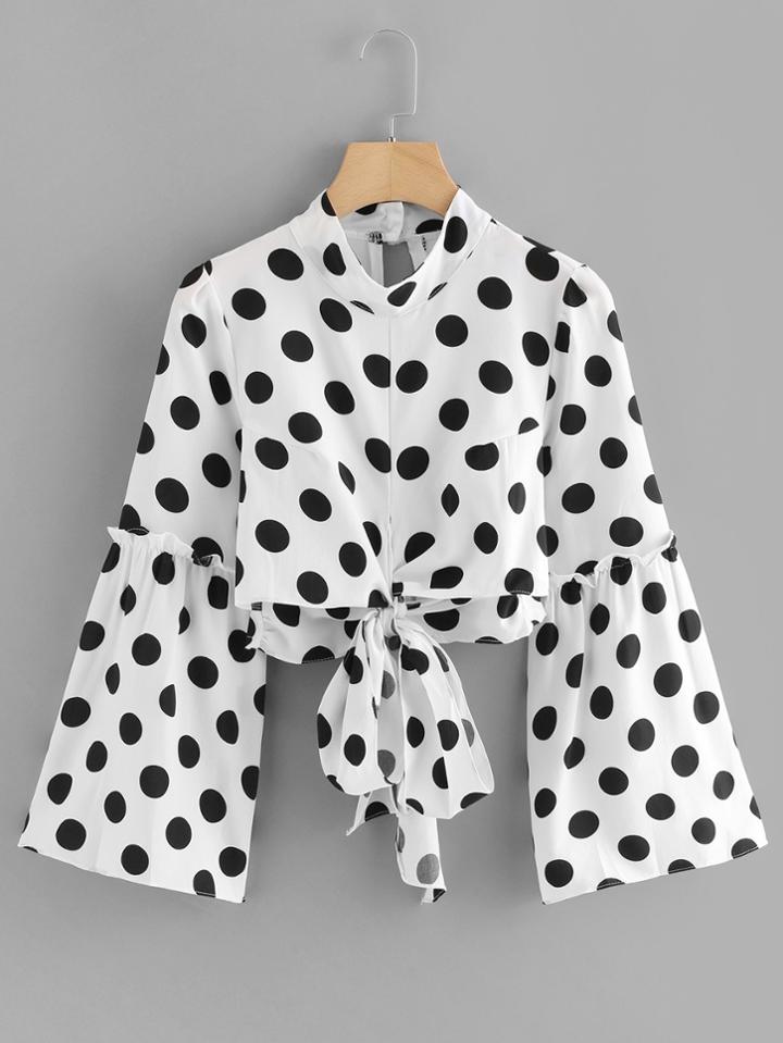 Romwe Polka Dots Tie Front Crop Top