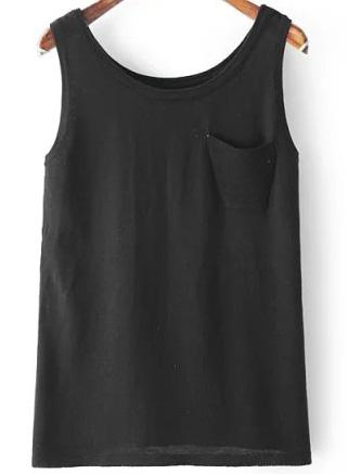 Romwe Black Round Neck Pocket Tank Top