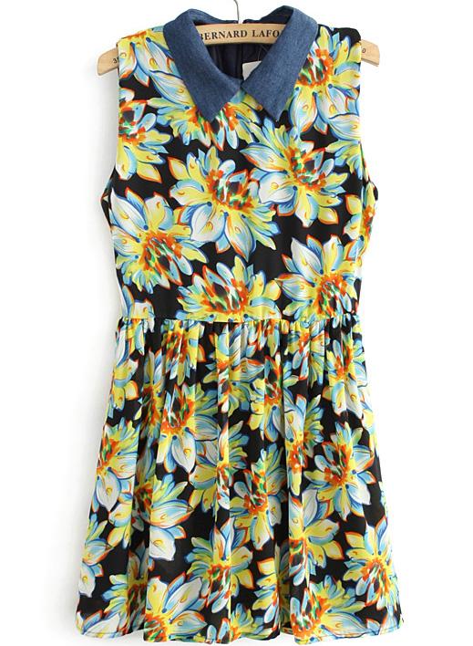 Romwe Sleeveless Floral Pleated Chiffon Dress