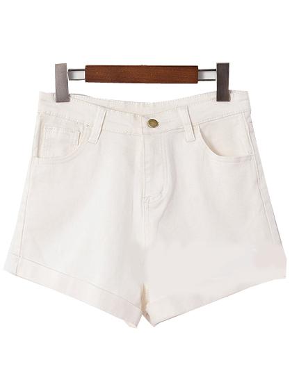 Romwe High Waist Cuffed Denim White Shorts