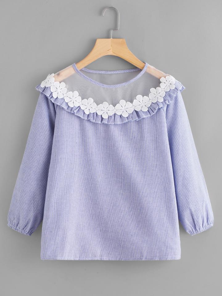 Romwe Sheer Mesh Panel Ruffle Trim Striped Top