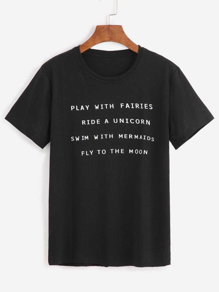 Romwe Black Sentence Print T-shirt