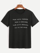 Romwe Black Sentence Print T-shirt