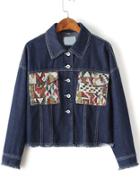Romwe Blue Graphic Pattern Frayed Trim Denim Jacket