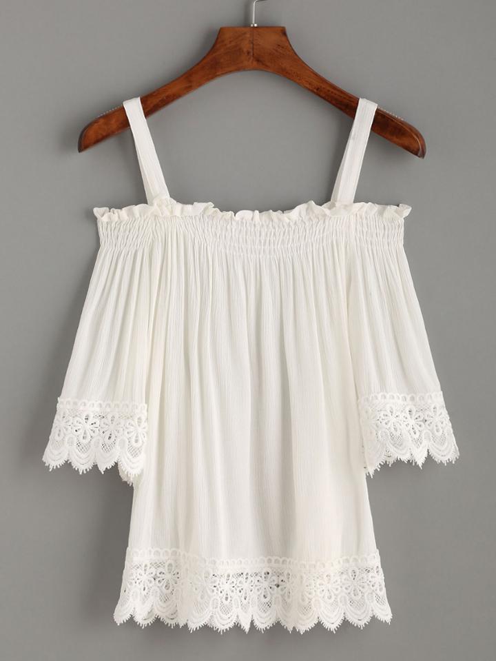 Romwe White Crochet Trim Smocked Cold Shoulder Top