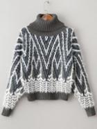 Romwe Grey Graphic Pattern Turtleneck Mohair Sweater