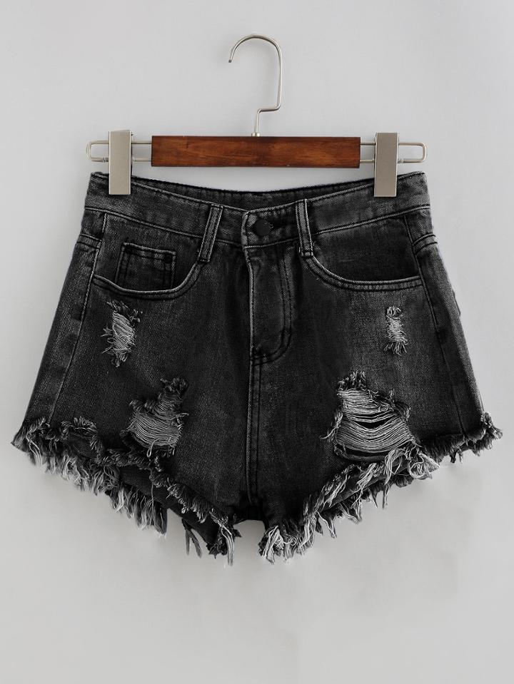 Romwe Bleach Wash Distressed Denim Shorts