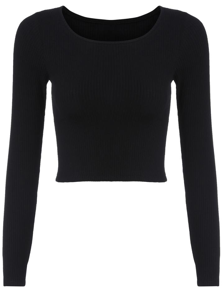 Romwe Long Sleeve Crop Black T-shirt