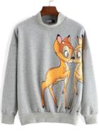Romwe Deer Print Loose Grey Sweatshirt