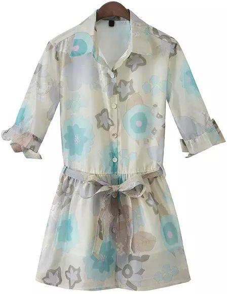 Romwe Lapel Star Print With Belt Organza Dress