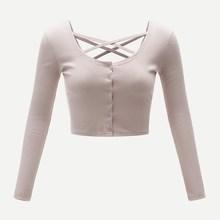 Romwe Criss Cross Ribbed Button Through Tee