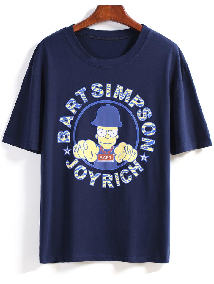 Romwe Cartoon Letters Print Round Neck Blue T-shirt