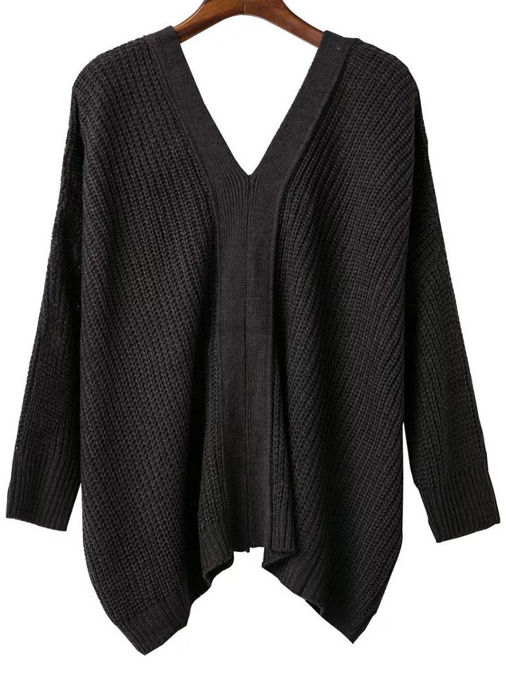 Romwe Dark Grey V Neck Lace Up Back Drop Shoulder Sweater