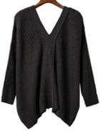Romwe Dark Grey V Neck Lace Up Back Drop Shoulder Sweater