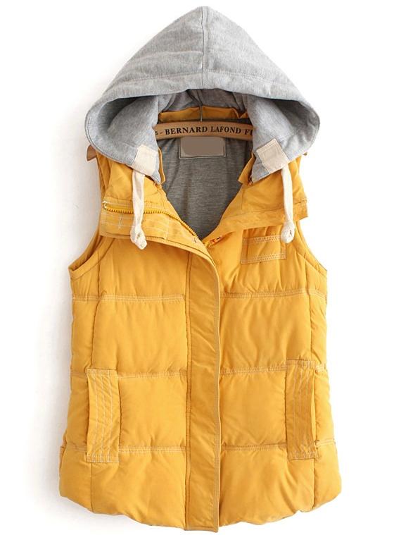 Romwe Hooded Sleeveless Pockets Yellow Coat